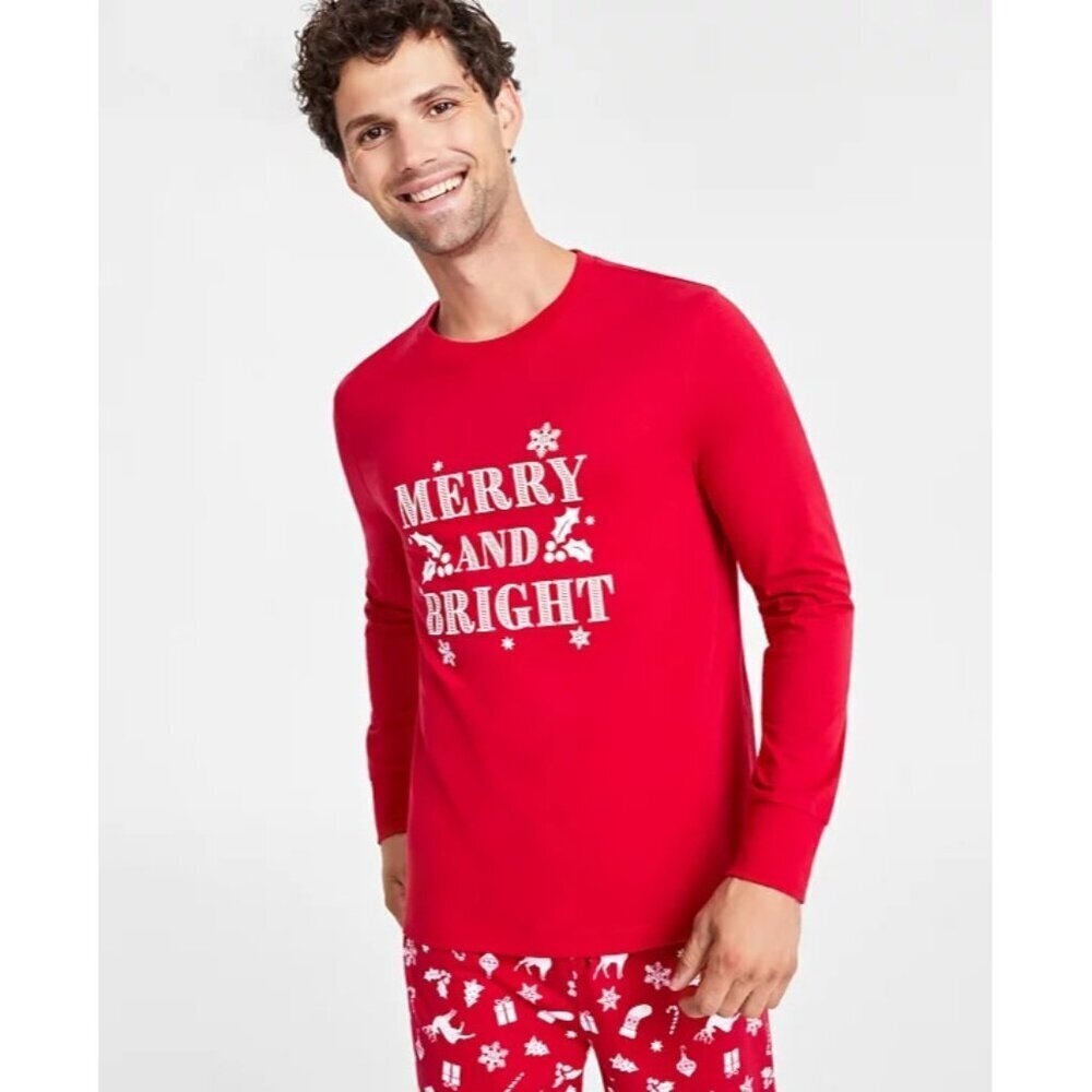 Family Pajamas Matching Mens Small Mix It Merry & Bright Pajama Top‎ in Red 2595